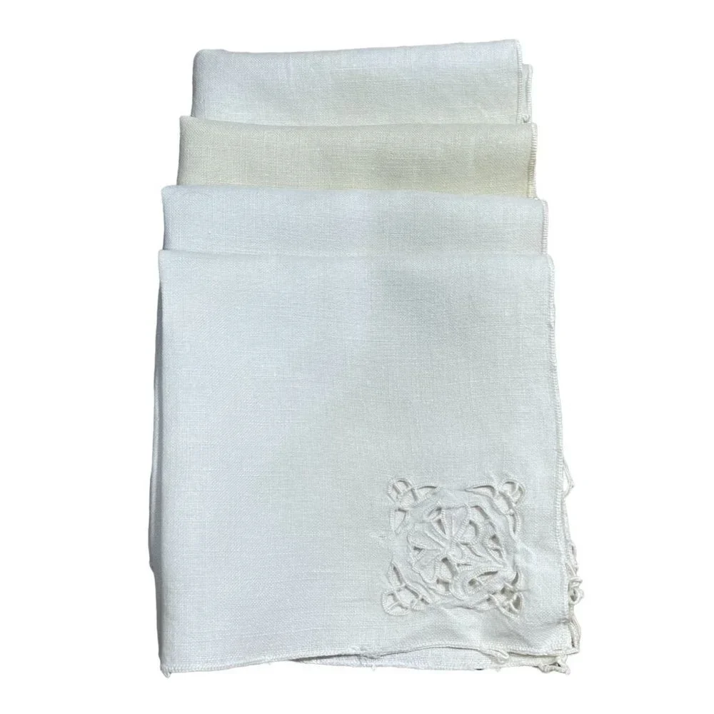 VTG SET OF 4 Linen Cut Work Corner Square Napkins 13
